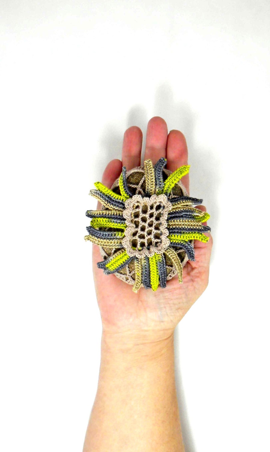 Shabby Chic Table Decor Irish Crochet Stone Paperweight Rustic Lace Natural Stone Decor Rock Art Rock Garden Yellow Mocha Grey