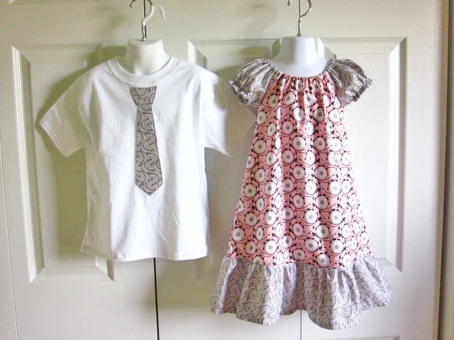 Brother Sister Matching Outfits - Girls Modern Peasant Dress and Boys Tie Onesie or Tie Tshirt  - Rolling Flowers - Calypso Swing collection