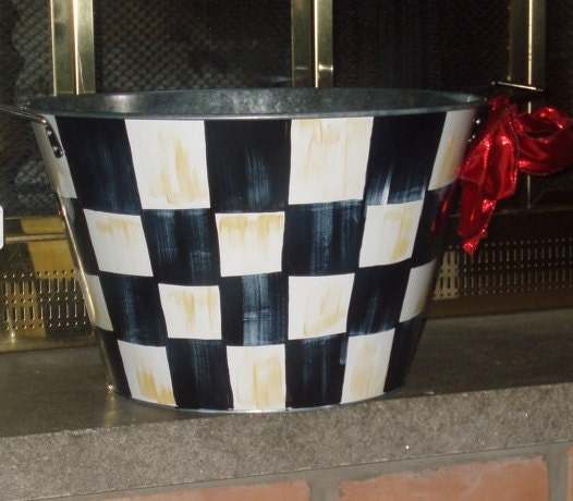 Hand Painted Black and White Checked Metal Bucket beverage bucket storage bucket