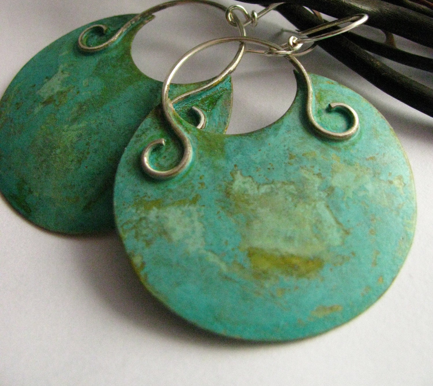 Large Bronze And Silver Verdigris Earrings - Mixed Metal Jewelry Green Patina