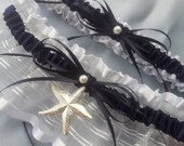 Beach Starfish Garter Set White Sheer Organza Navy Blue Satin Wedding Bridal Garter