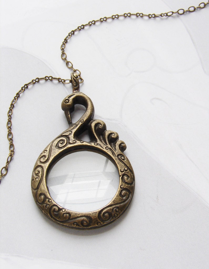 Swan magnifying glass necklace, Statement necklace Monocle Magnifier antiqued gold swan monocle glass necklace