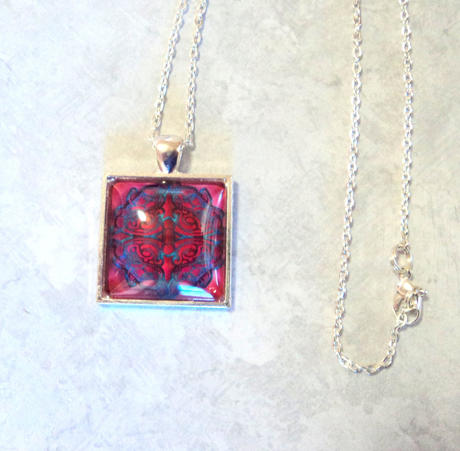 Necklace Beautiful Celtic Knot Teal Fuchsia Silver Square Pendant