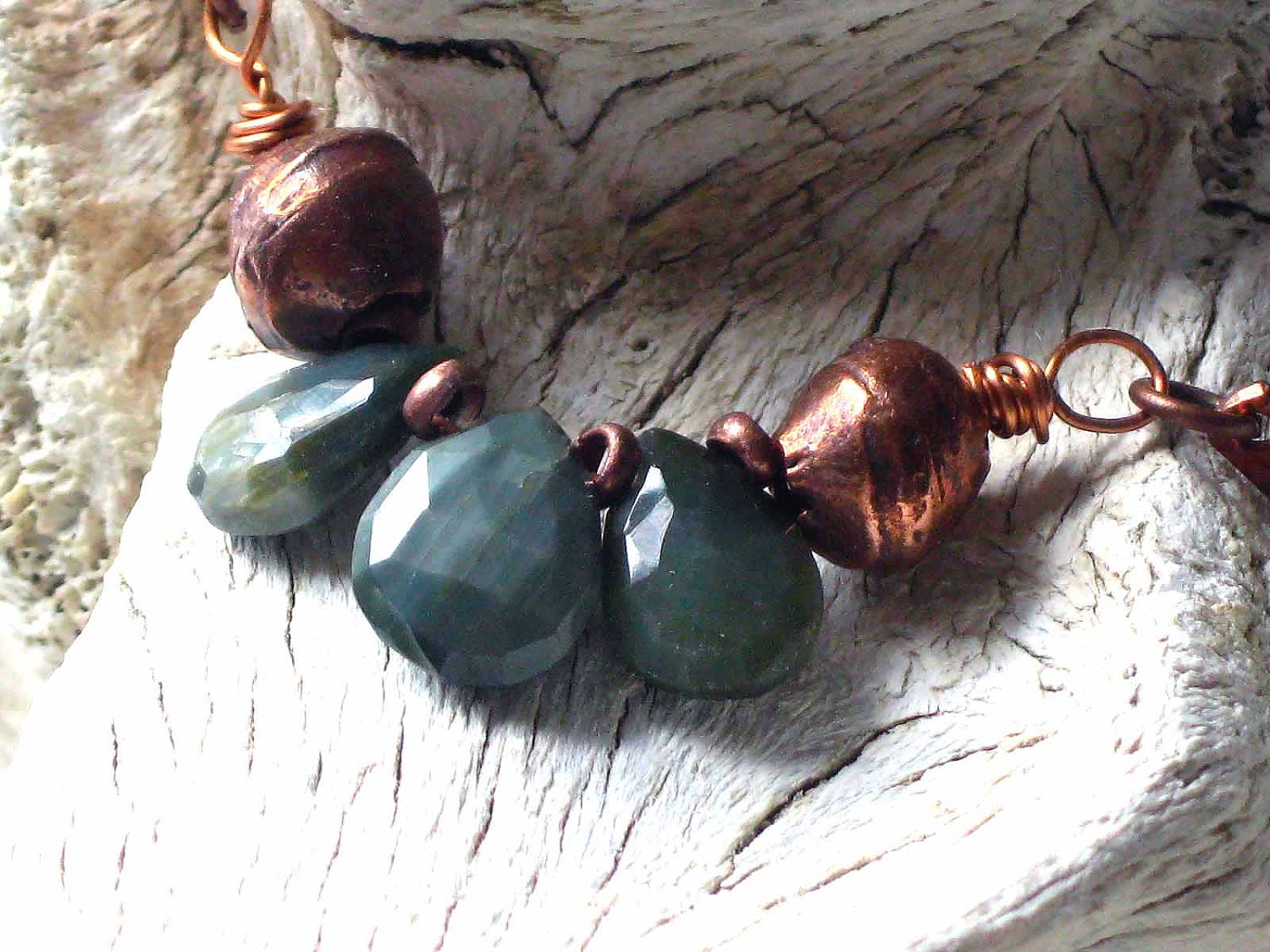 Cat's Eye Necklace - Army Green - Rustic, Tribal, Boho, Bohemian - Gemstone Quartz with Copper African Trade Beads - Hammered Copper Chain