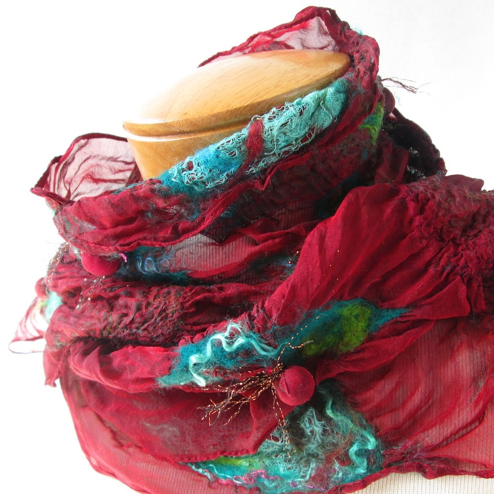 Nuno felted scarf in cranberry, teal and green