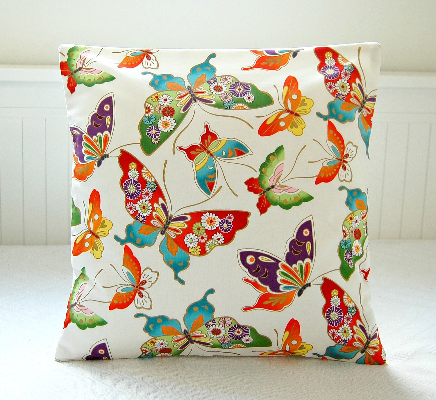 cushion cover butterflies, decorative pillow cover orange green gold blue 16 inch