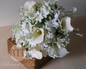 Great Gatsby Real Touch Silk Calla Lily & Stephanotis Hand Tied White,Cream Wedding Cascade Bouquet
