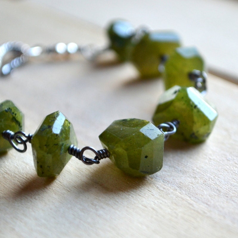 Mossy Green Vesuvianite Bracelet Oxidized Sterling Silver Wire Wrapped