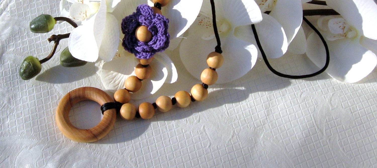 Nursing Necklace Teething Ring Necklace with Purple Crochet Flower