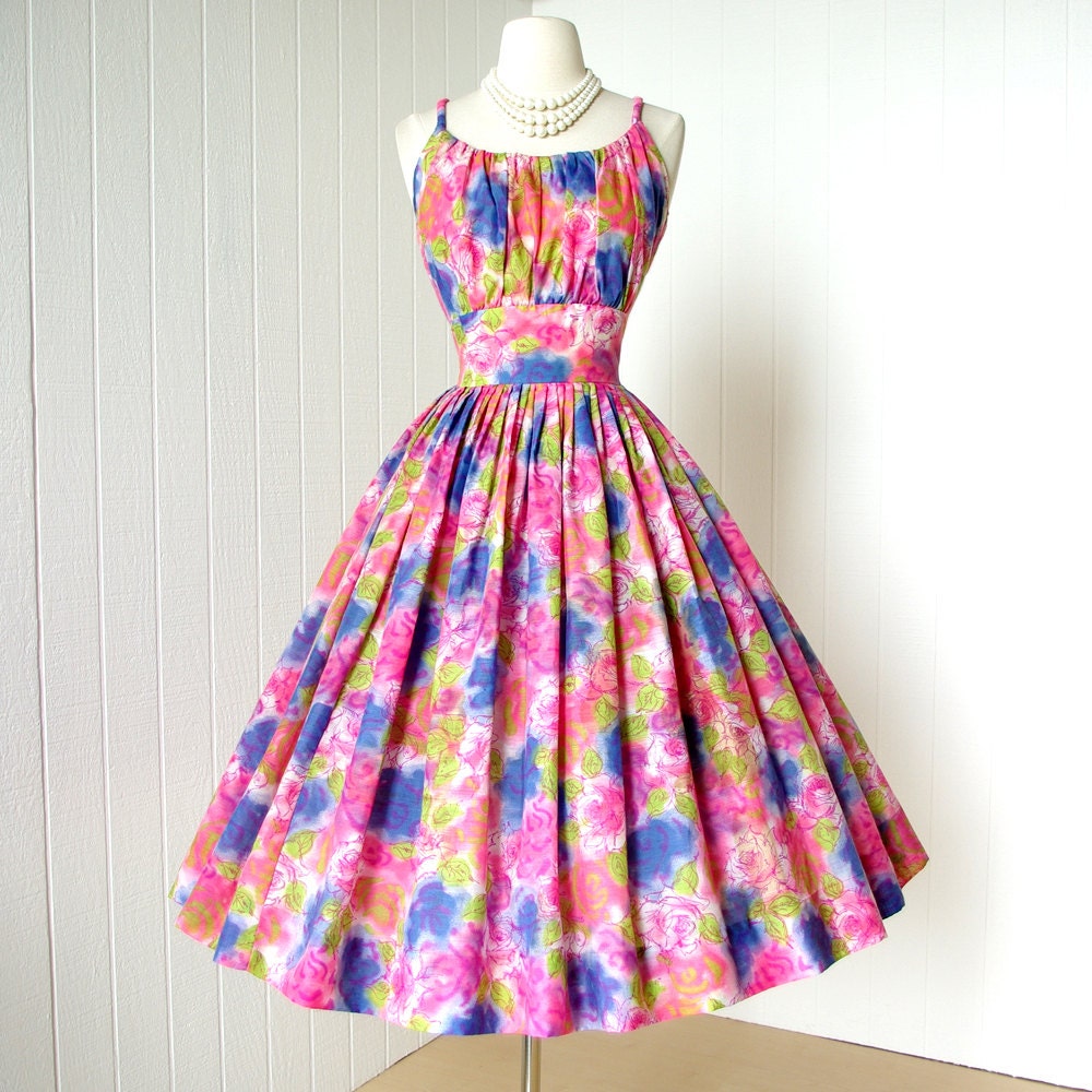 vintage 1950's dress ...delightful JERRY GILDEN new york sketch rose novelty print floral shelf-bust full skirt pin-up cocktail party dress