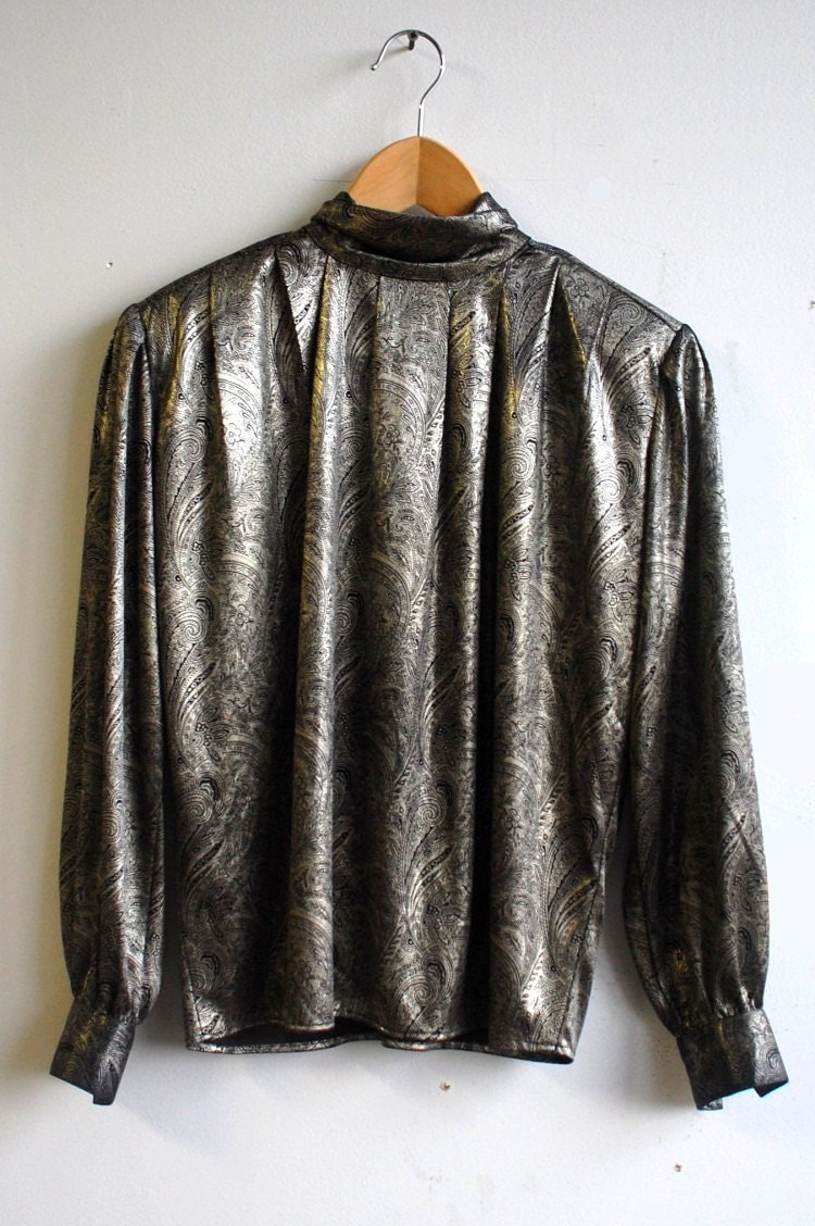 80s Silver Metallic Paisley Mock Turtle Blouse Top Small