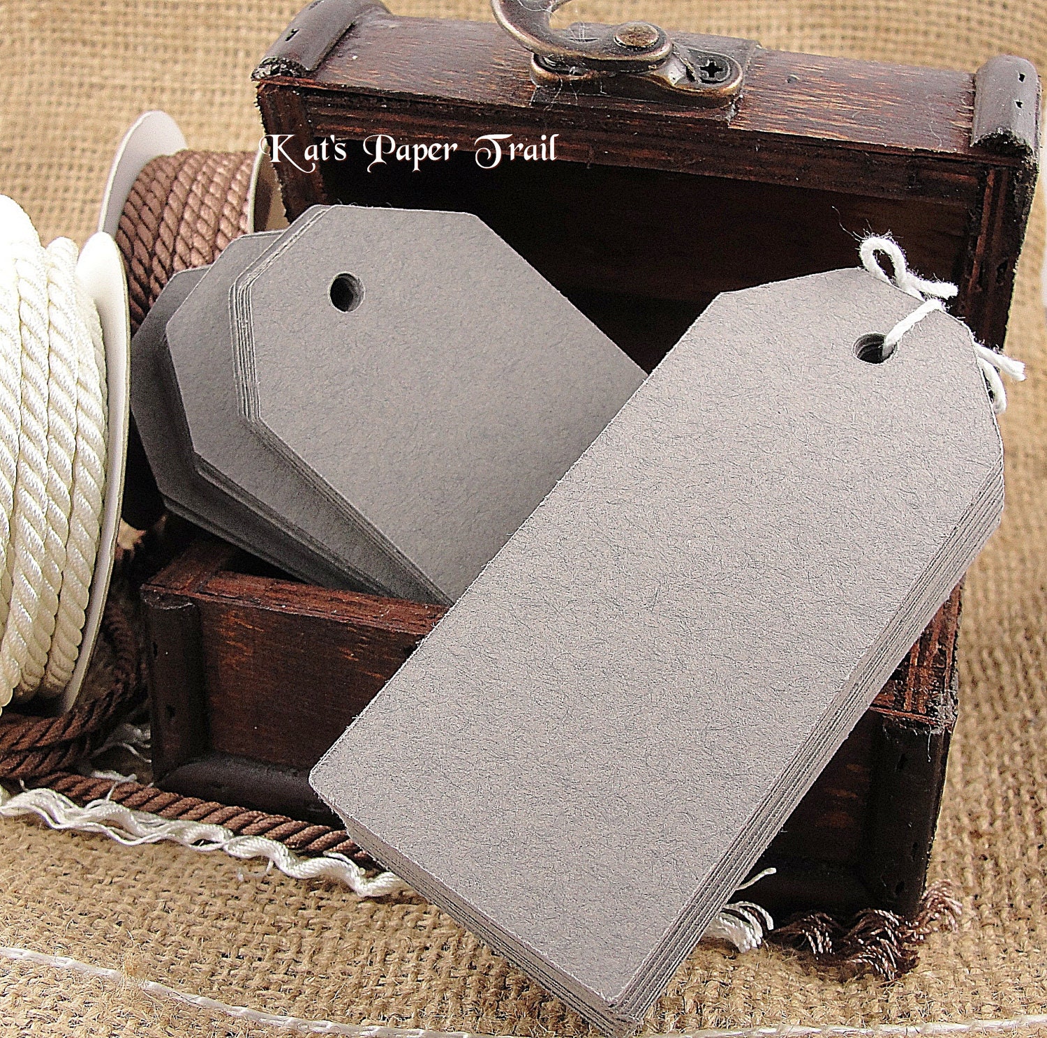 100 Classic Luggage Style Tags, Dark Grey,  Wedding Favor Tags, Escort Cards, Name Cards 3.5" x 1.5"