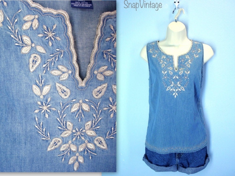 90s Denim Blouse / Denim Embroidered Sleeveless Top