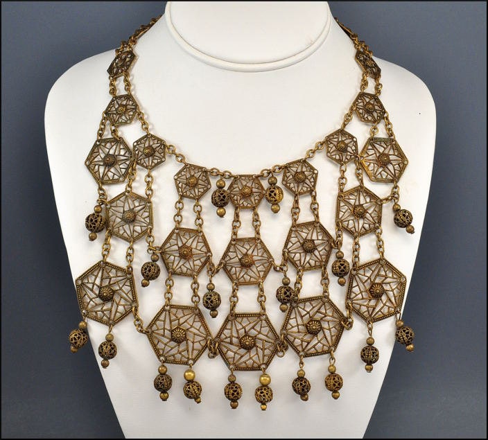 RESERVED Art Deco Bib Necklace Statement Brass Filigree Etruscan Bead Vintage 1930s Jewelry
