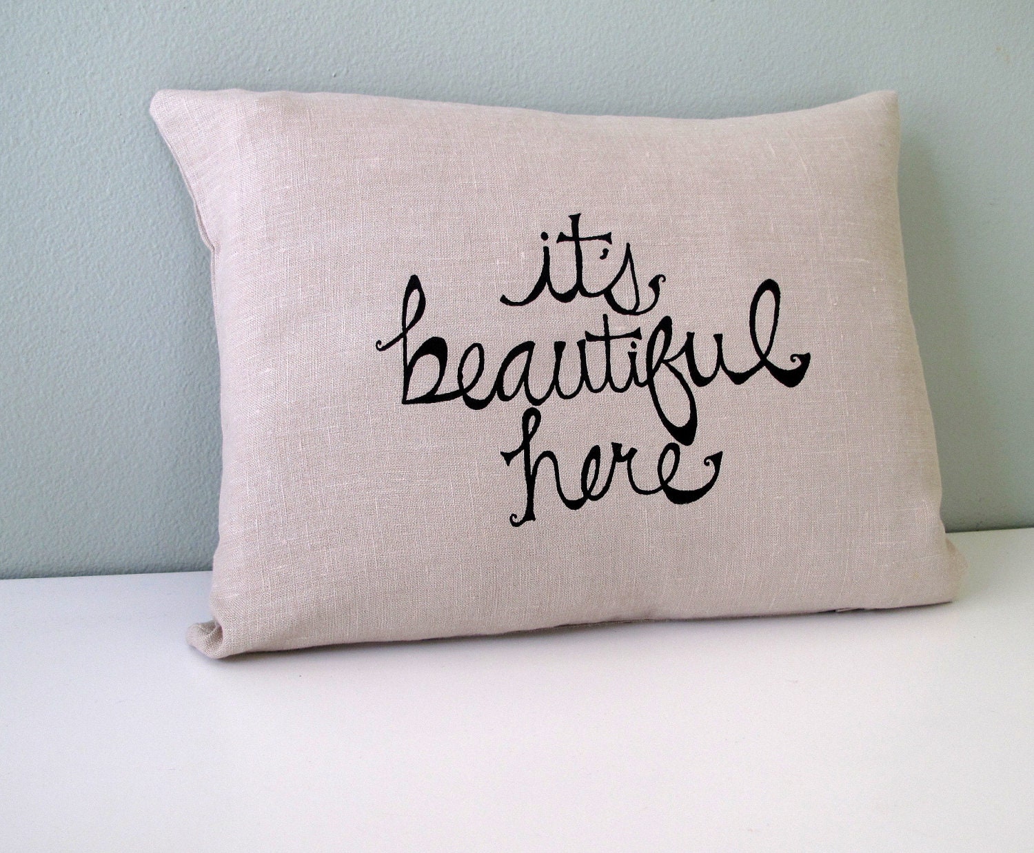 Pillow Cover. Cushion Cover. It's Beautiful Here in Black on Natural linen - 12 x 16 inches by Sweetnature Designs