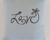 Pillow Cover - Cushion Cover - Love Flower in Chocolate Brown on Aqua Linen - 16 x 16 inches by Sweetnature Designs