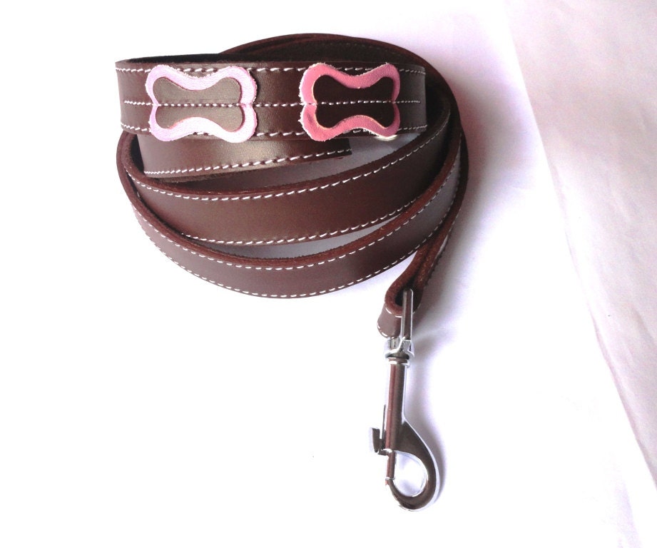 Cool Leather leash lead Brown with pink bones
