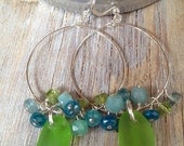 Apple Green, Genuine Sea Glass Hoop Earrings with Stones