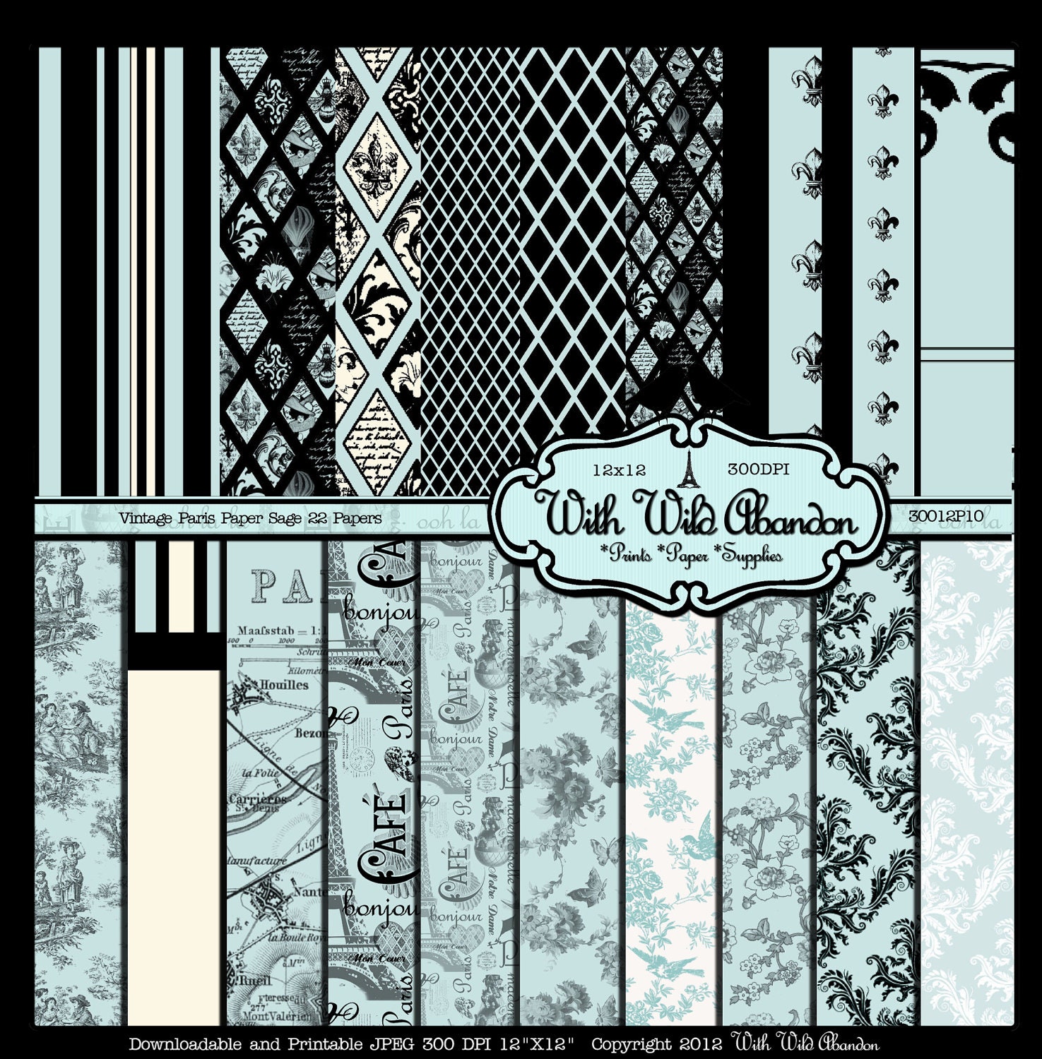 Sage Green Vintage Paris Digital Scrapbook Paper 20 Sheets - Toile, Damask, Argyle, Floral and Birds 12x12 Instant Download