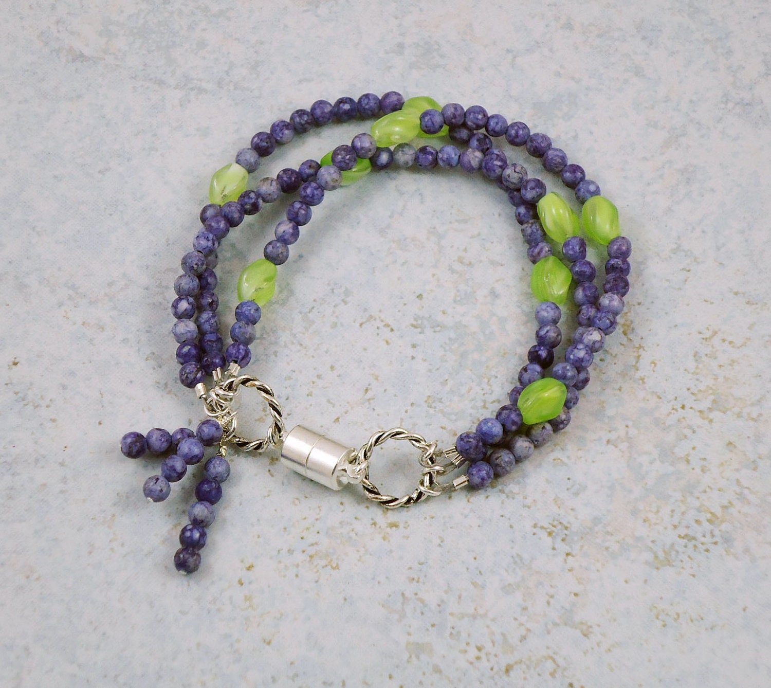 Purple Lime Green Triple Strand Magnetic Clasp Bracelet