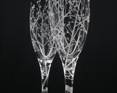 Tree Of Love Spiraled Stem . 2 Champagne Flutes . Hand Engraved