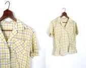 Vintage 50s Blouse / Plaid Blouse / 1950s Blouse / Yellow and Gray / M L