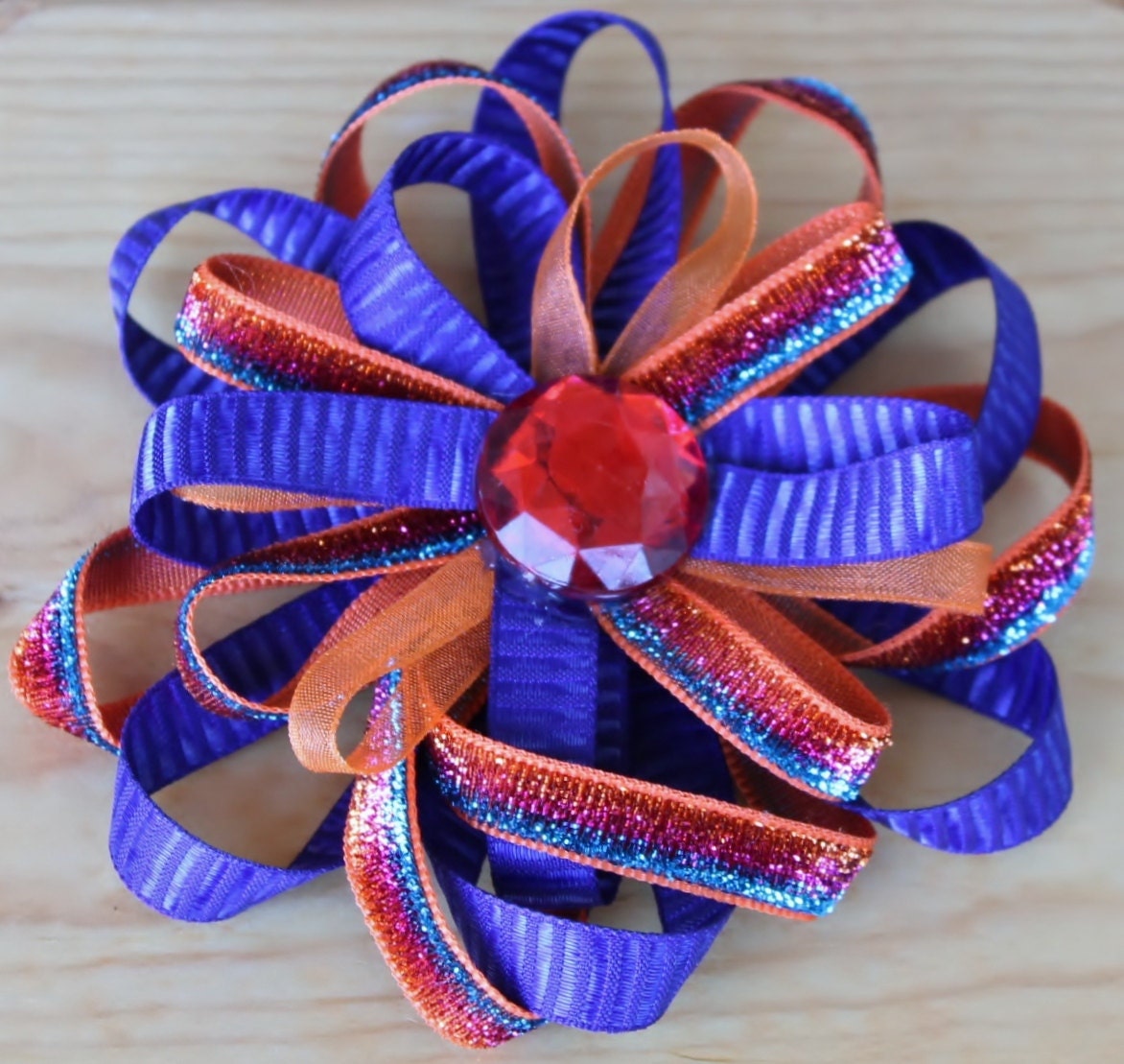 Unique sparkly handmade Blue and Orange hair bow clip