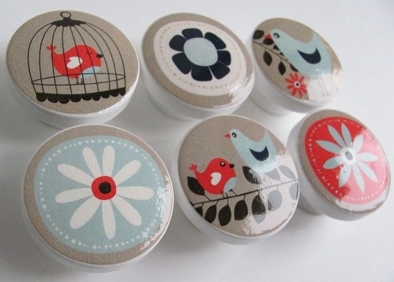 Light Blue and Beige Bird Knobs, Birdcage Drawer Knobs- Wood Knobs- 1 1/2 Inches - Set of 6