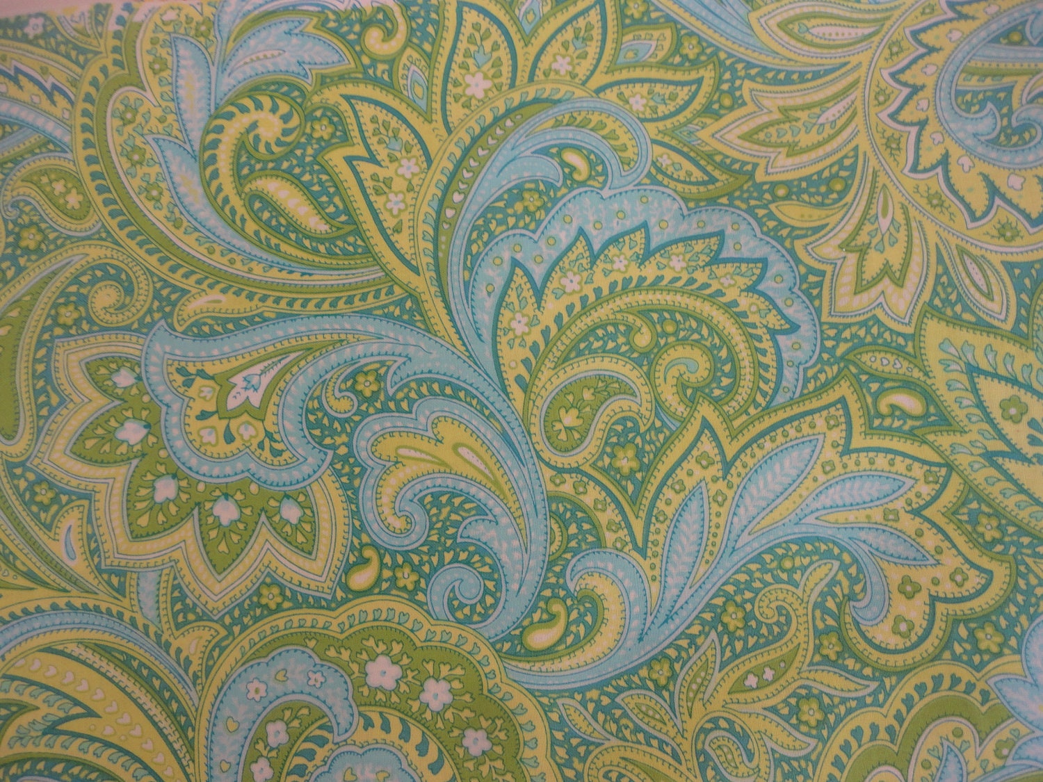 Cotton Fabric, Paisley, Flowers, Hearts, Green, Blue