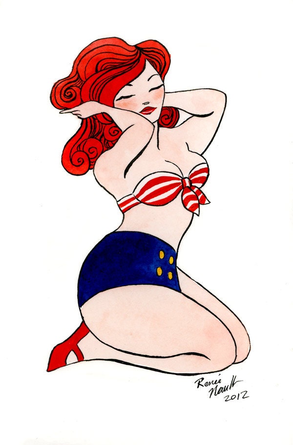 Sailor Girl, Vintage Girl 2 - 4 x 6 Original Painting - ink and watercolor - 1950s style