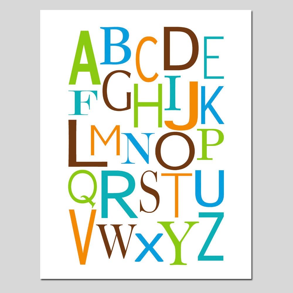 Modern Alphabet - 8x10 - Nursery Kids Art Print - Choose Your Colors - Shown in Apple Green, Orange, Chocolate Brown, Turquoise, Waters Blue