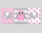 Modern Nursery Animal Trio - Set of Three 11x14 Prints - Chevron Elephant, Striped Owl, Polka Dot Elephant - Choose Your Colors