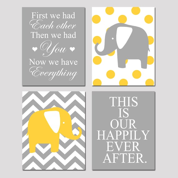 Modern Nursery Quad - Set of Four 8x10 Prints - Now We Have Everything, Chevron Elephant, Our Happily Ever After, Polka Dot Elephant