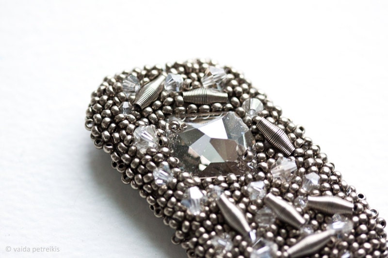 Beaded handmade grey metalic brooch Ready to ship now  Gift under 50 USD for her for him unisex Shining metal work