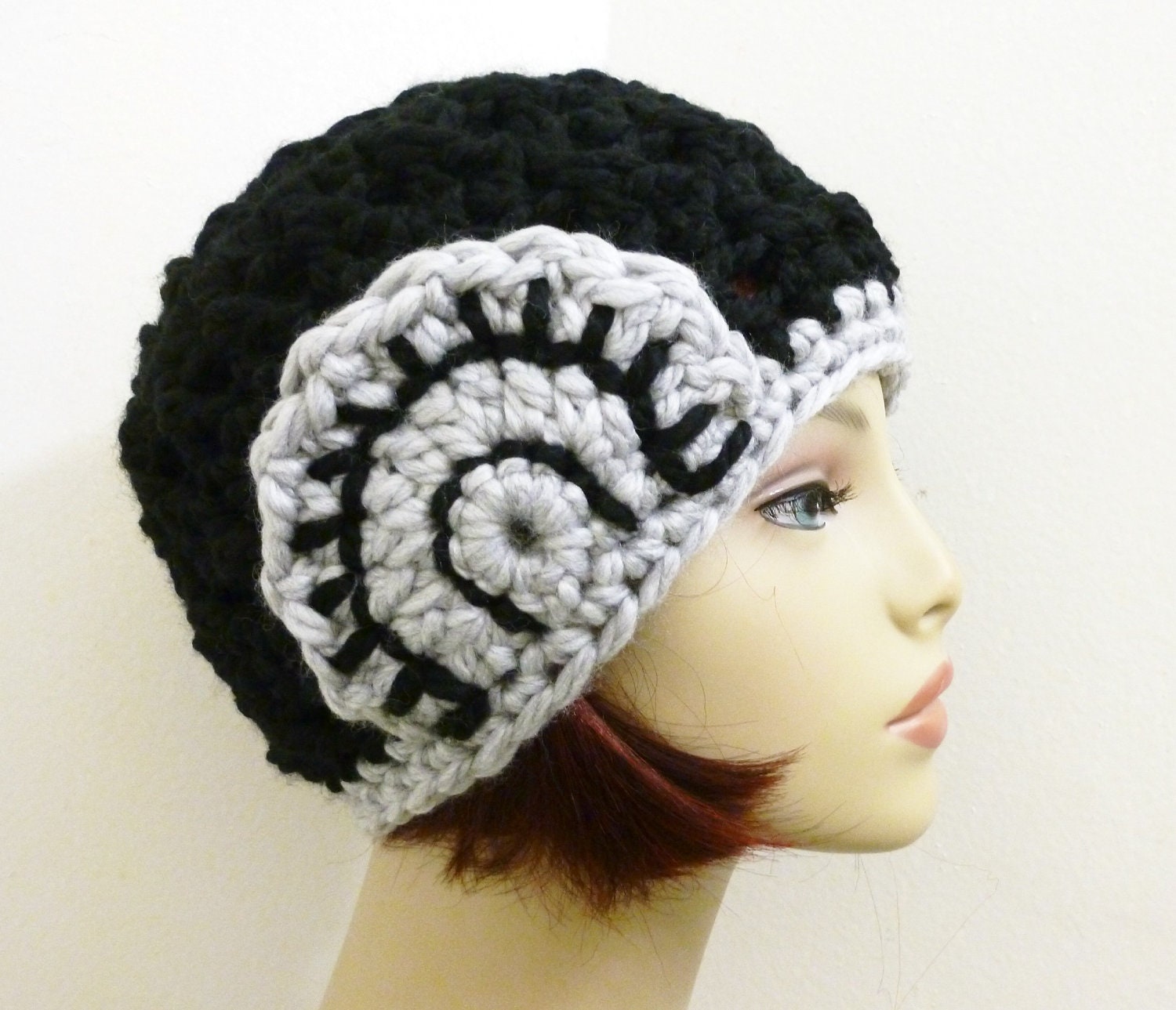 Tara Flapper Cloche in Chunky Wool Blend - Black and Gray - Hand Crocheted
