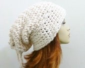 Chunky Wool Blend Drawstring Beanie in Cream - Hand Crocheted