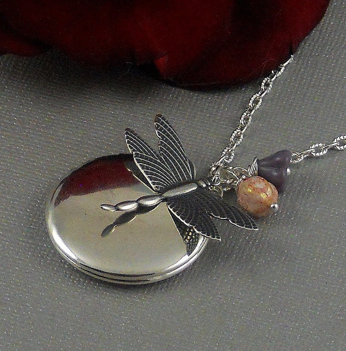 Antique Silver Dragonfly Locket, Butterfly, Wings, Pink Luster, Matte Purple, Garden Inspired Locket- PALOMA