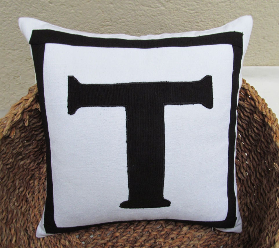 white monogram pillow cover with black letter 20 inch custom made monogrammed cushion