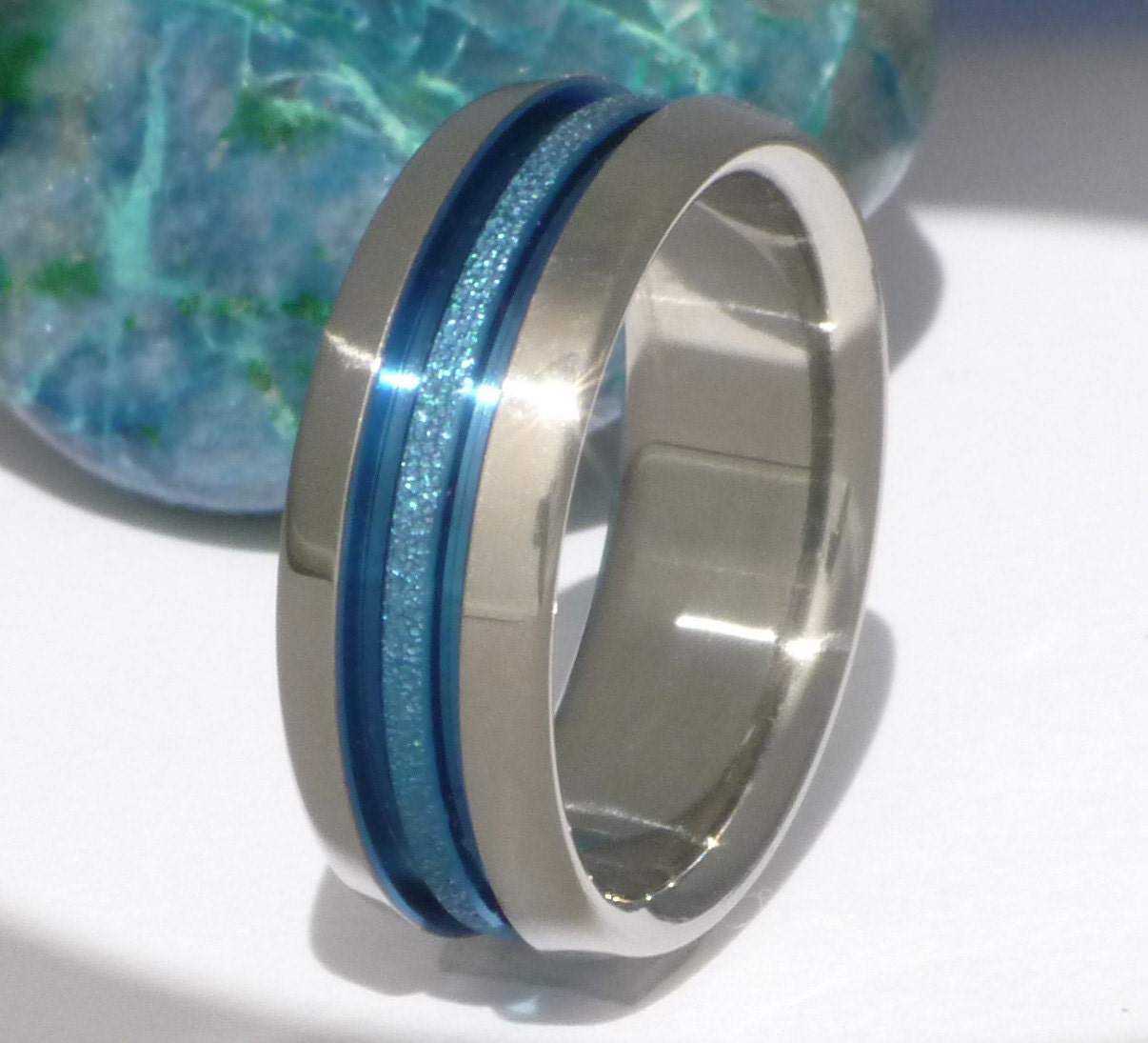 Thin Blue Line and Frost Titanium Wedding Band - b16