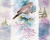 Winter Mourning Dove Bird Original 10 in x 8 in Watercolor - Collage - Snow Mauve Blues Trees - Shabby Chic