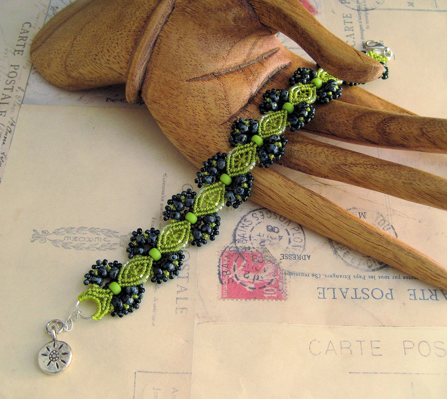 Chartreuse and Gray Beaded Macrame Bracelet Lime Kiwi Wasabi