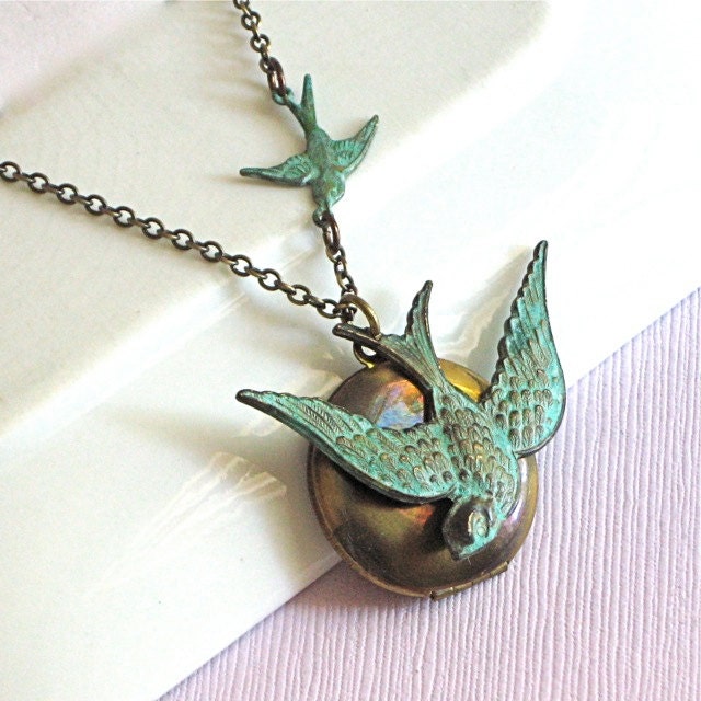 Bird Locket Necklace- Verdigris Patina Brass Bird Jewelry