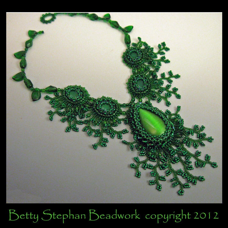 Emerald Isle Bead Embroidered leafy fringe necklace OOAK