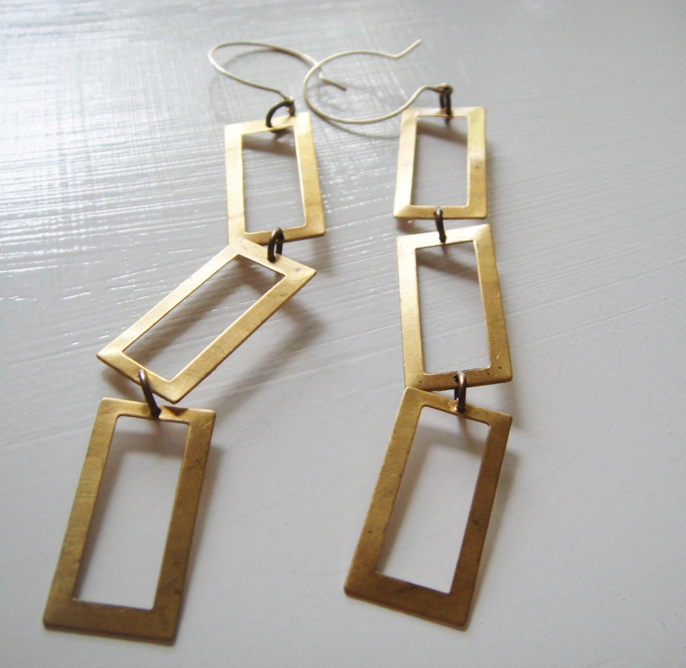 Triple Threat - Long Vintage Brass Geometric Rectangle Earrings  - Circa Series