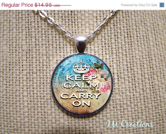 ON SALE - Glass Dome Pendant with Chain Link Necklace - Keep Calm and Carry On Floral SV108