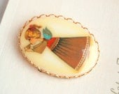Vintage Angel Transfer Brooch Pin Cream Oval Ceramic Retro Child