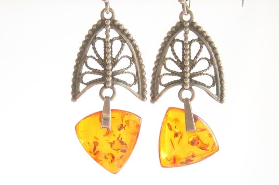 Vintage Genuine Amber Pierced  Earrings Sterling Filigree Dangle Drops