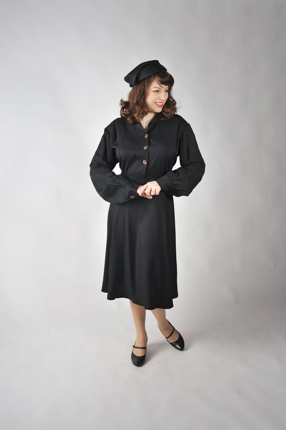 Vintage 1940s Dress - Sophisticated Black Gabardine Day Dress with Celluloid Buttons