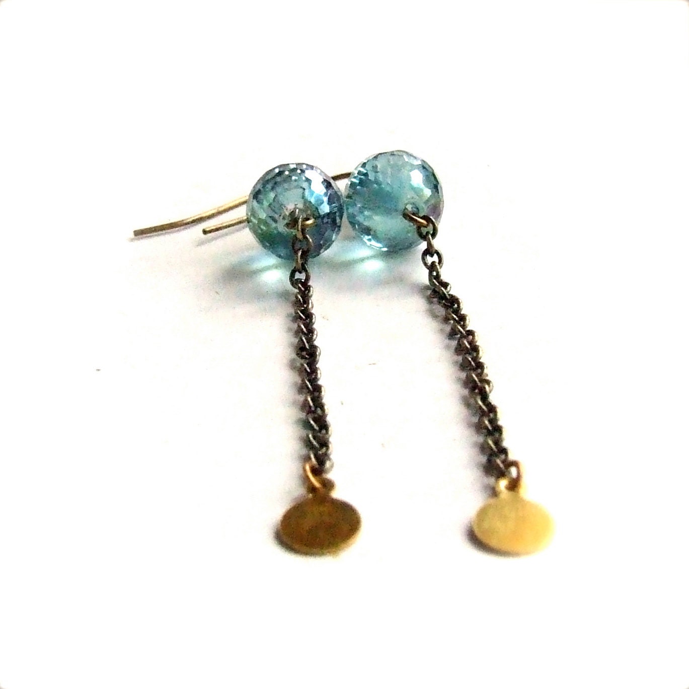Aqua Blue, Brass Disk Long Chain Dangle Earrings - Water, Sea Blue Beaded-Jewellery