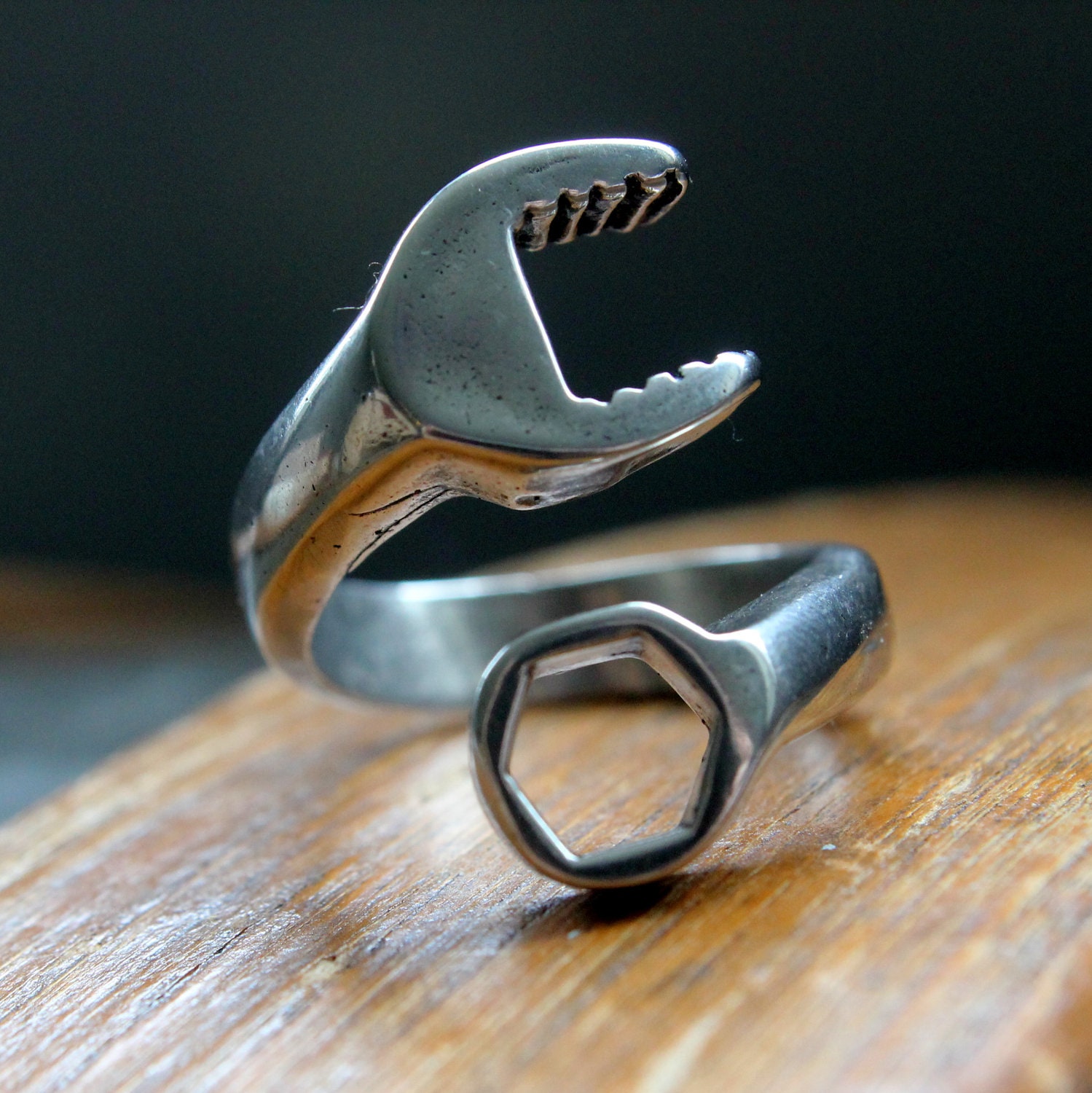 Mens Silver Spanner Wrench Ring in Sterling Silver Overlay on Solid White Bronze